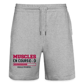 Muscles en cours ... musculation Humour marrant - Short de jogging bio TRAINER Stanley/Stella unisexe - gris chiné - Devant - Nik (191cm) & Marisol (170cm)
