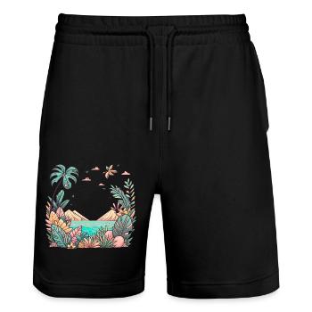 Tropics and mountains - Stanley/Stella Trainer Unisex Organic Jogging Shorts - black - Front - Nik (191cm) & Marisol (170cm)