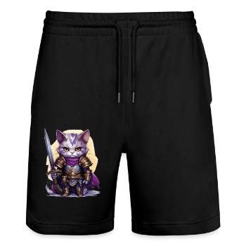 Katze in Ritter Ausrüstung mit Langschwert, AI Gen - Stanley/Stella Unisex Bio Joggingshorts Trainer  - Schwarz - Vorne - Nik (191cm) & Marisol (170cm)