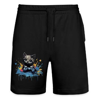Niedliches Katzen-Gaming-Design - Stanley/Stella Unisex Bio Joggingshorts Trainer  - Schwarz - Vorne - Nik (191cm) & Marisol (170cm)