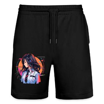 Girl - Mariko - Stanley/Stella Trainer Unisex Organic Jogging Shorts - black - Front - Nik (191cm) & Marisol (170cm)