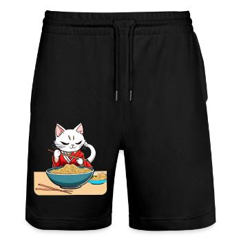 Chat asiatique mignon et nouilles ramen - Short de jogging bio TRAINER Stanley/Stella unisexe - noir - Devant - Nik (191cm) & Marisol (170cm)