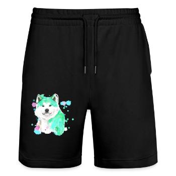 husky, chien, peinture, aquarelle, bleu - Short de jogging bio TRAINER Stanley/Stella unisexe - noir - Devant - Nik (191cm) & Marisol (170cm)