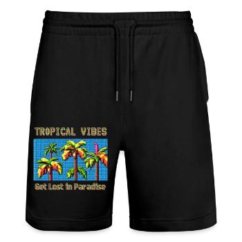 TROPISCHE VIBES Verlieren Sie sich im Paradies - Stanley/Stella Unisex Bio Joggingshorts Trainer  - Schwarz - Vorne - Nik (191cm) & Marisol (170cm)