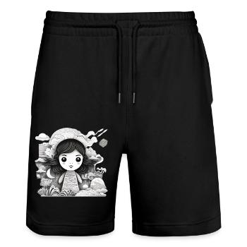 Collage Modern-Stil/Kleines Mädchen + Landschaft - Stanley/Stella Unisex Bio Joggingshorts Trainer  - Schwarz - Vorne - Nik (191cm) & Marisol (170cm)