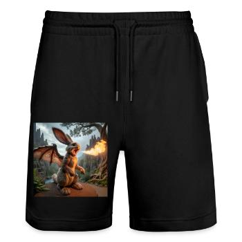 Feuerspeiender Hase Drache #17 - Stanley/Stella Unisex Bio Joggingshorts Trainer  - Schwarz - Vorne - Nik (191cm) & Marisol (170cm)