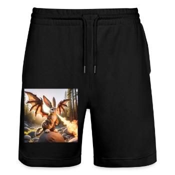 Feuerspeiender Hase Drache #12 - Stanley/Stella Unisex Bio Joggingshorts Trainer  - Schwarz - Vorne - Nik (191cm) & Marisol (170cm)