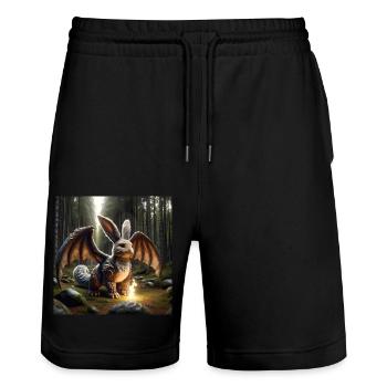 Feuerspeiender Hase Drache #15 - Stanley/Stella Unisex Bio Joggingshorts Trainer  - Schwarz - Vorne - Nik (191cm) & Marisol (170cm)