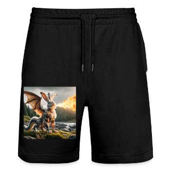 Feuerspeiender Hase Drache #05 - Stanley/Stella Unisex Bio Joggingshorts Trainer  - Schwarz - Vorne - Nik (191cm) & Marisol (170cm)