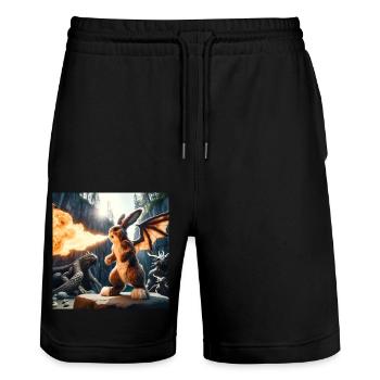 Feuerspeiender Hase Drache #10 - Stanley/Stella Unisex Bio Joggingshorts Trainer  - Schwarz - Vorne - Nik (191cm) & Marisol (170cm)