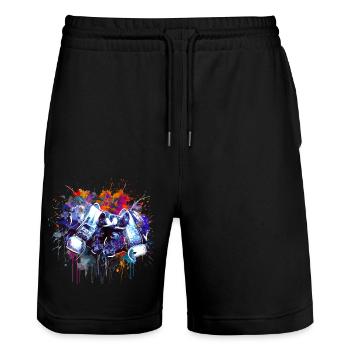 Kampfkuh, Schweizer Walliser Herdenskuh - Stanley/Stella Unisex Bio Joggingshorts Trainer  - Schwarz - Vorne - Nik (191cm) & Marisol (170cm)