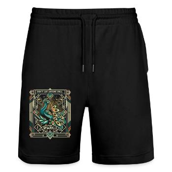 Prachtvoller Pfau: Deco-Glanz - Stanley/Stella Unisex Bio Joggingshorts Trainer  - Schwarz - Vorne - Nik (191cm) & Marisol (170cm)