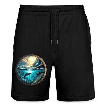 delfin,gold,wasser,meer,kreis,episch,spiegelung - Stanley/Stella Unisex Bio Joggingshorts Trainer  - Schwarz - Vorne - Nik (191cm) & Marisol (170cm)