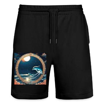 Delfine,Anime stil, welle,nacht,kreis,gold,malerei - Stanley/Stella Unisex Bio Joggingshorts Trainer  - Schwarz - Vorne - Nik (191cm) & Marisol (170cm)