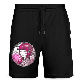 anime,asiatin,blumen,pinke haare,vintage - Stanley/Stella Unisex Bio Joggingshorts Trainer  - Schwarz - Vorne - Nik (191cm) & Marisol (170cm)