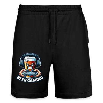 A cartoon-style beer that plays video games - Stanley/Stella Trainer Unisex Organic Jogging Shorts - black - Front - Nik (191cm) & Marisol (170cm)