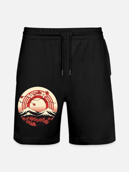Kyoto Mountains: Cherry Blossoms and Flag - Stanley/Stella Trainer Unisex Organic Jogging Shorts - black