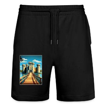 Château de Bodiam Vintage voyage affiche WPA Souvenir - Short de jogging bio TRAINER Stanley/Stella unisexe - noir - Devant - Nik (191cm) & Marisol (170cm)