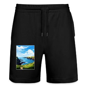 Mullion Cornwall Vintage Travel Poster Souvenir - Stanley/Stella Trainer Unisex Organic Jogging Shorts - black - Front - Nik (191cm) & Marisol (170cm)