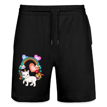 Regenbogen Einhorn Katze Blumen Frühling Sommer - Stanley/Stella Unisex Bio Joggingshorts Trainer  - Schwarz - Vorne - Nik (191cm) & Marisol (170cm)