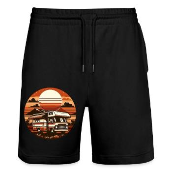 Caravan Camping Holiday Vintage Round Sunset - Stanley/Stella Trainer Unisex Organic Jogging Shorts - black - Front - Nik (191cm) & Marisol (170cm)