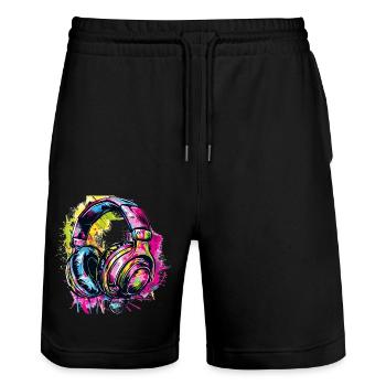 Graffiti Kopfhörer Headphones - Stanley/Stella Unisex Bio Joggingshorts Trainer  - Schwarz - Vorne - Nik (191cm) & Marisol (170cm)