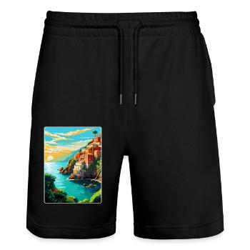 Cinque Terre Italie Affiche de voyage vintage souvenir - Short de jogging bio TRAINER Stanley/Stella unisexe - noir - Devant - Nik (191cm) & Marisol (170cm)