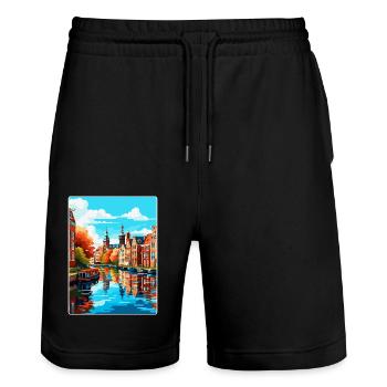 Amsterdam Netherlands Vintage Travel Poster WPA - Stanley/Stella Trainer Unisex Organic Jogging Shorts - black - Front - Nik (191cm) & Marisol (170cm)