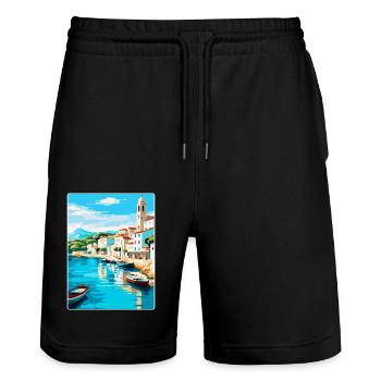Cadaques Spain Vintage Travel Poster Souvenir WPA - Stanley/Stella Trainer Unisex Organic Jogging Shorts - black - Front - Nik (191cm) & Marisol (170cm)