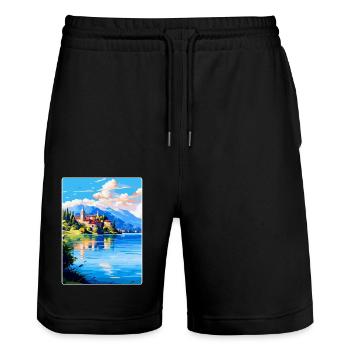 Lac d’Orta Italie Affiche de voyage vintage Souvenir WPA - Short de jogging bio TRAINER Stanley/Stella unisexe - noir - Devant - Nik (191cm) & Marisol (170cm)