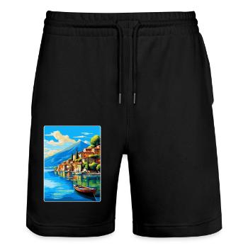 Lac d’Iseo Italie Affiche de voyage vintage Souvenir WPA - Short de jogging bio TRAINER Stanley/Stella unisexe - noir - Devant - Nik (191cm) & Marisol (170cm)