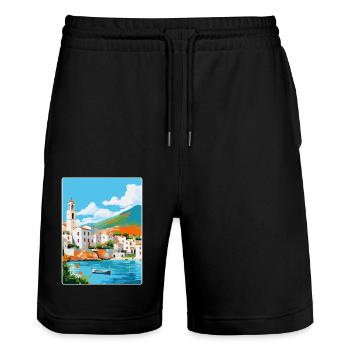 Cadaques Spain Vintage Travel Poster Souvenir WPA - Stanley/Stella Trainer Unisex Organic Jogging Shorts - black - Front - Nik (191cm) & Marisol (170cm)
