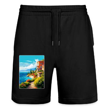 Korfu Griechenland Vintage Reiseplakat WPA Souvenir - Stanley/Stella Unisex Bio Joggingshorts Trainer  - Schwarz - Vorne - Nik (191cm) & Marisol (170cm)
