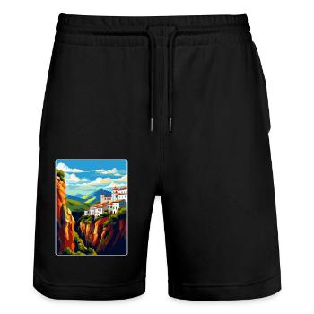Ronda Spain Vintage Travel Poster WPA Art Souvenir - Stanley/Stella Trainer Unisex Organic Jogging Shorts - black - Front - Nik (191cm) & Marisol (170cm)