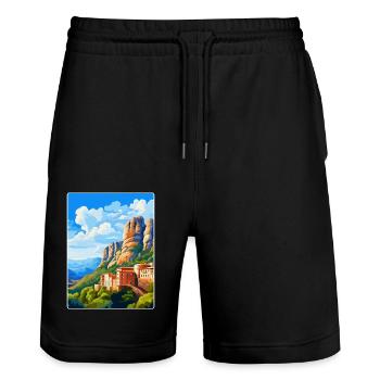 Montserrat Spain Vintage Travel Poster Souvenir - Stanley/Stella Trainer Unisex Organic Jogging Shorts - black - Front - Nik (191cm) & Marisol (170cm)