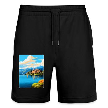 Lac d’Orta Italie Affiche de voyage vintage Souvenir WPA - Short de jogging bio TRAINER Stanley/Stella unisexe - noir - Devant - Nik (191cm) & Marisol (170cm)
