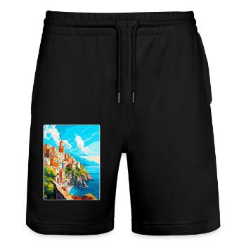 Amalfi Italy Vintage Travel Poster WPA Souvenir - Stanley/Stella Trainer Unisex Organic Jogging Shorts - black - Front - Nik (191cm) & Marisol (170cm)