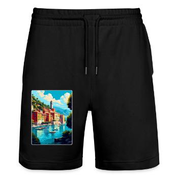Portofino Italie Affiche de voyage vintage Souvenir WPA - Short de jogging bio TRAINER Stanley/Stella unisexe - noir - Devant - Nik (191cm) & Marisol (170cm)