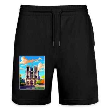 Notre Dame Frankreich Vintage Reiseplakat Souvenir - Stanley/Stella Unisex Bio Joggingshorts Trainer  - Schwarz - Vorne - Nik (191cm) & Marisol (170cm)