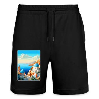 Santorini Griechenland Vintage Reiseplakat Souvenir - Stanley/Stella Unisex Bio Joggingshorts Trainer  - Schwarz - Vorne - Nik (191cm) & Marisol (170cm)