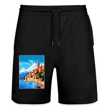 Menton France Affiche de voyage vintage WPA Souvenir - Short de jogging bio TRAINER Stanley/Stella unisexe - noir - Devant - Nik (191cm) & Marisol (170cm)