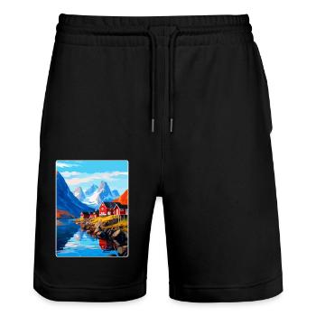 Lofoten Islands Norway Vintage Travel Poster WPA - Stanley/Stella Trainer Unisex Organic Jogging Shorts - black - Front - Nik (191cm) & Marisol (170cm)