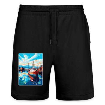 Husavik Iceland Vintage Travel Poster Souvenir WPA - Stanley/Stella Trainer Unisex Organic Jogging Shorts - black - Front - Nik (191cm) & Marisol (170cm)