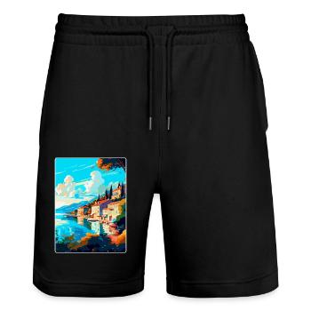 Bergen Norway Vintage Travel Poster WPA Souvenir - Stanley/Stella Trainer Unisex Organic Jogging Shorts - black - Front - Nik (191cm) & Marisol (170cm)