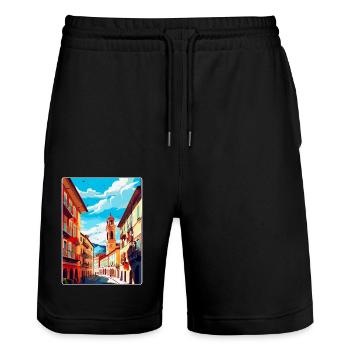 Pamplona Spanien Vintage Reiseplakat Souvenir WPA - Stanley/Stella Unisex Bio Joggingshorts Trainer  - Schwarz - Vorne - Nik (191cm) & Marisol (170cm)