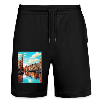 Amsterdam Netherlands Vintage Travel Poster WPA - Stanley/Stella Trainer Unisex Organic Jogging Shorts - black - Front - Nik (191cm) & Marisol (170cm)