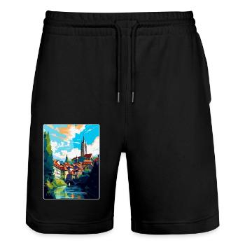 Fribourg Schweiz Vintage Reiseposter WPA Art - Stanley/Stella Unisex Bio Joggingshorts Trainer  - Schwarz - Vorne - Nik (191cm) & Marisol (170cm)