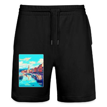 Saint Tropez Frankreich Vintage Reiseplakat Souvenir - Stanley/Stella Unisex Bio Joggingshorts Trainer  - Schwarz - Vorne - Nik (191cm) & Marisol (170cm)