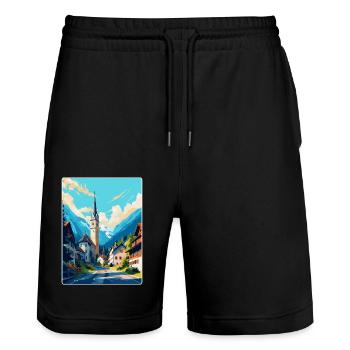 Oberammergau Germany Vintage Travel Poster WPA Art - Stanley/Stella Trainer Unisex Organic Jogging Shorts - black - Front - Nik (191cm) & Marisol (170cm)