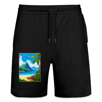 Saint Lucia Caribbean Vintage Travel Poster - Stanley/Stella Trainer Unisex Organic Jogging Shorts - black - Front - Nik (191cm) & Marisol (170cm)